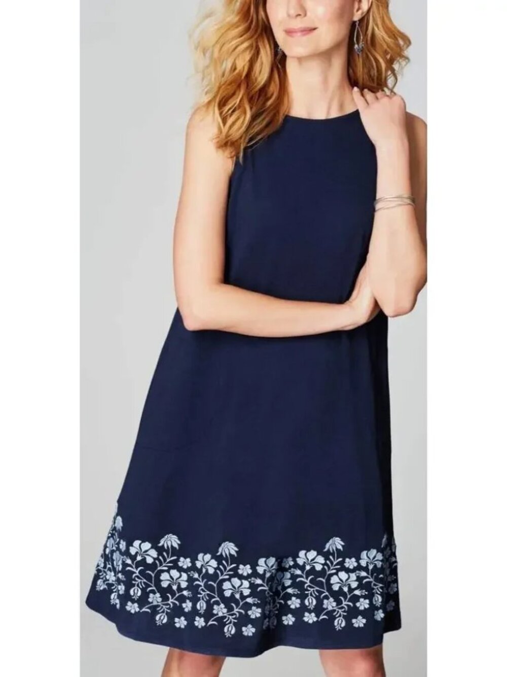 EUC J. Jill Blue Flower Embroidered Border A-Line Tank Dress Size SP